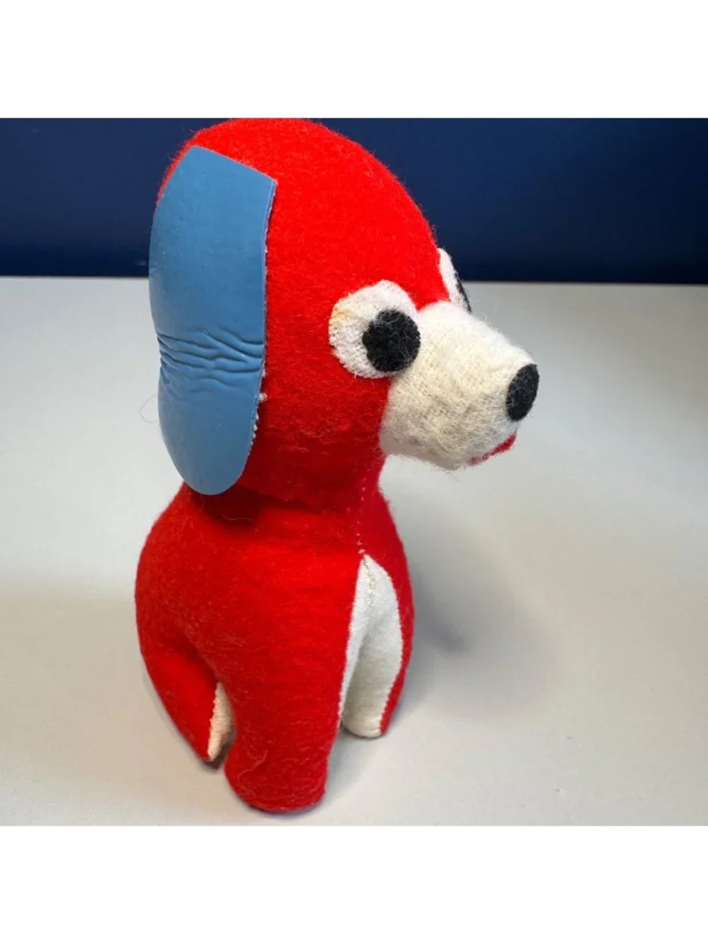 Vintage Red & Blue Felt Dog Plush Toy With Stitched Details And Blue Vinyl Ears